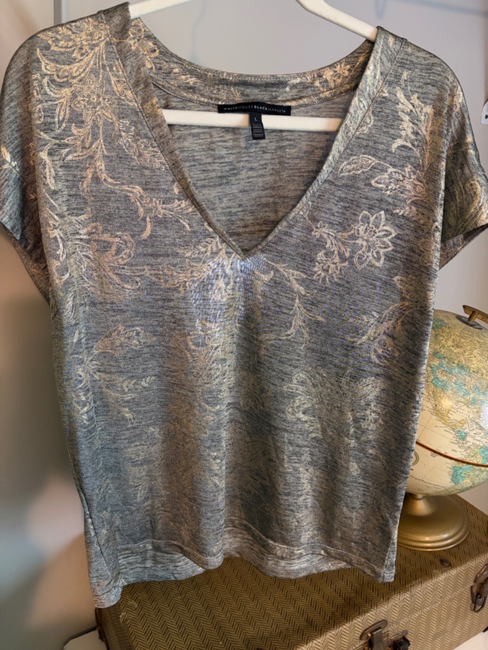 White House Black Market Heather Gray Floral V-Neck Tee